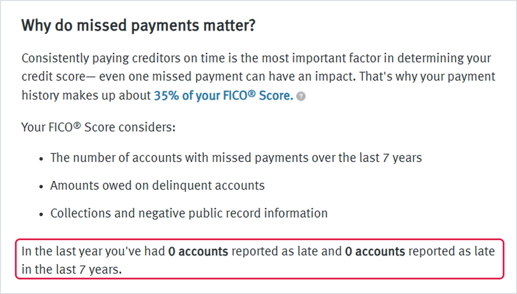 Credit report showing zero late payments in the last 7 years