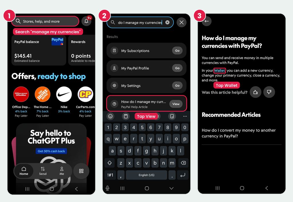 PayPal app convert currency steps 1 to 3: search manage my currencies, tap View, tap Wallet
