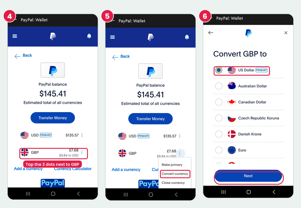 steps 4 to 6: tap three dots, Convert currency, select US Dollar