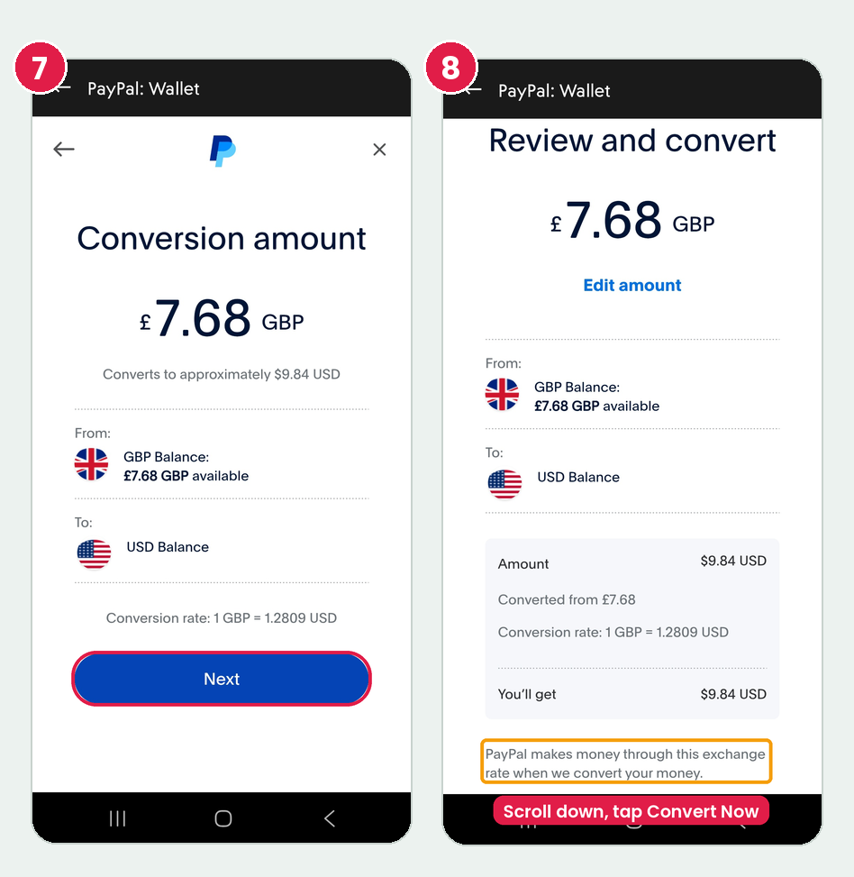 steps 7 to 8: confirm amount and Convert Now