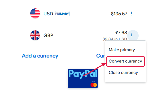 PayPal convert currency on web, Step 3: Click Convert currency.