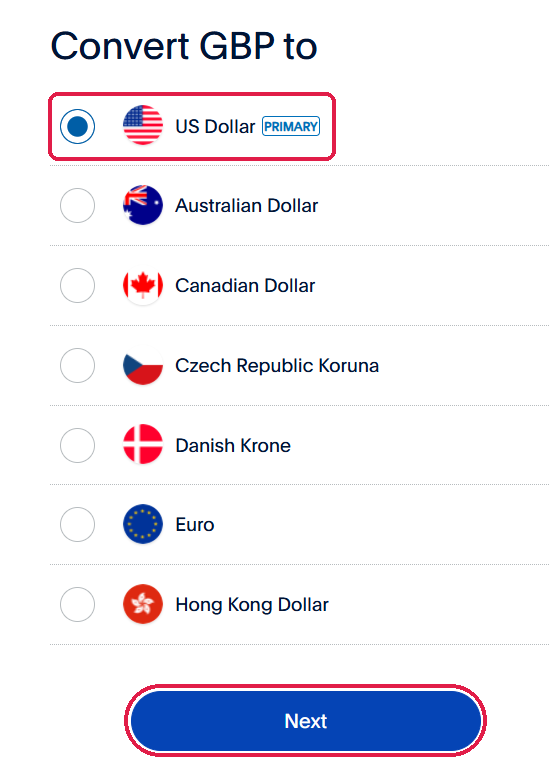 PayPal convert currency on web, Step 4: Select US Dollar, then click Next.