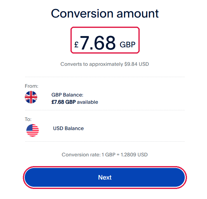 PayPal convert currency on web, Step 5: Enter the amount you want to convert, then click Next.