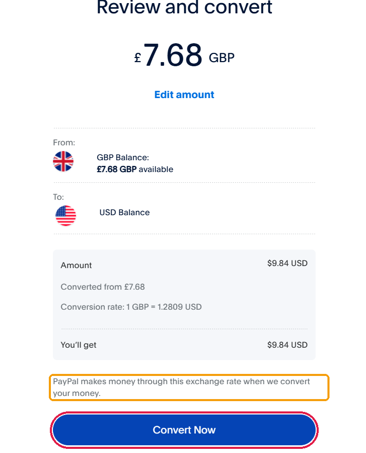 PayPal convert currency on web, Step 6: Review the rate and click Convert Now. Note the line at the bottom: "PayPal makes money through this exchange rate."