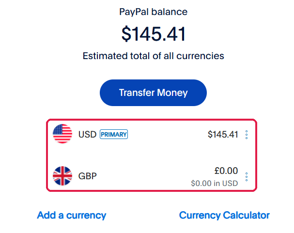 PayPal convert currency on web, Step 8: Your GBP balance is now $0.00, and the dollars are added to your USD balance.