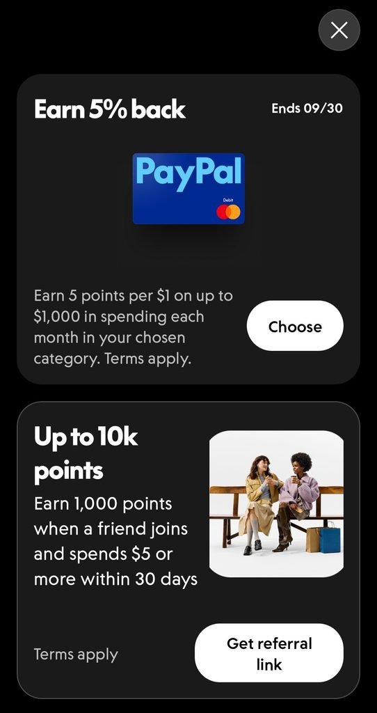 PayPal Rewards screen with the Earn 5% back offer and Choose button