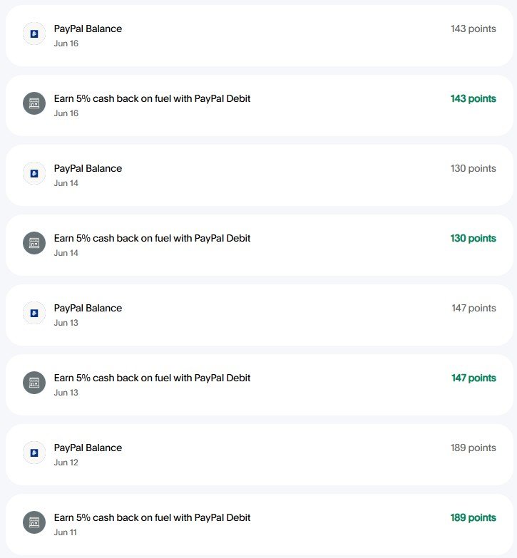PayPal Debit Card points history showing cash back earned on gas