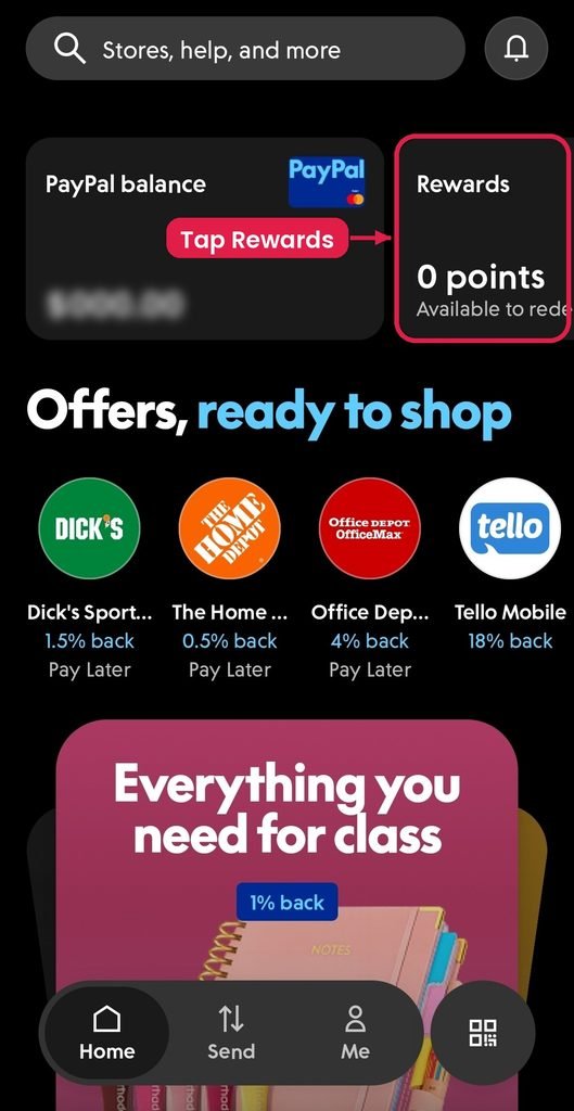PayPal app home screen with Rewards highlighted to choose the PayPal Debit Card 5% cash back category