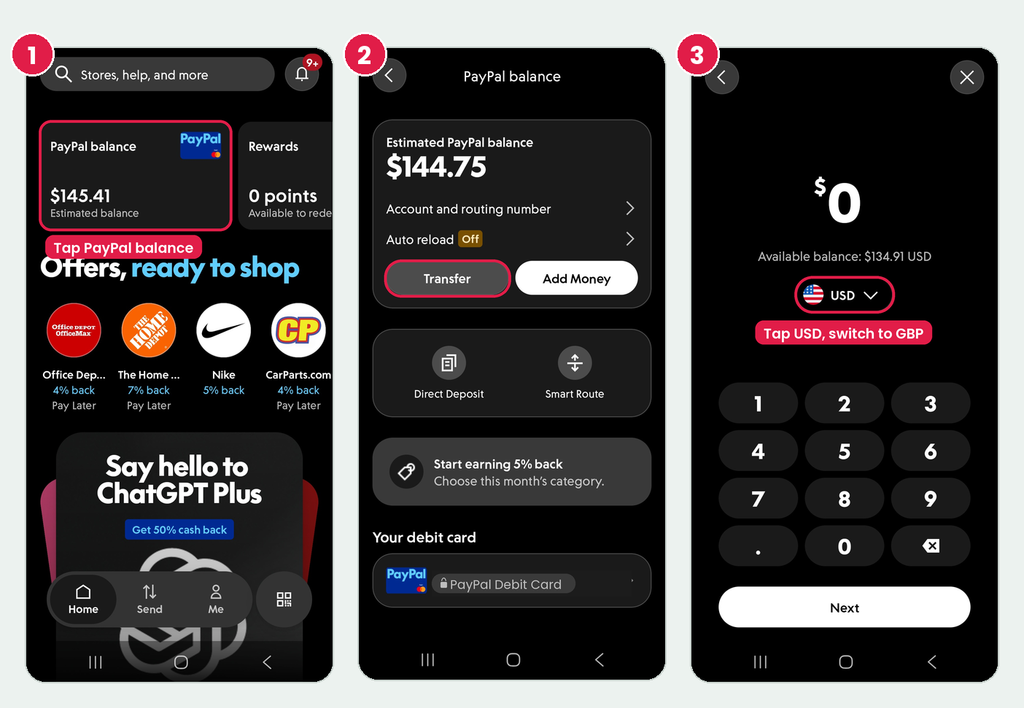 PayPal app withdraw GBP to bank steps 1 to 3: tap balance, Transfer, switch USD to GBP