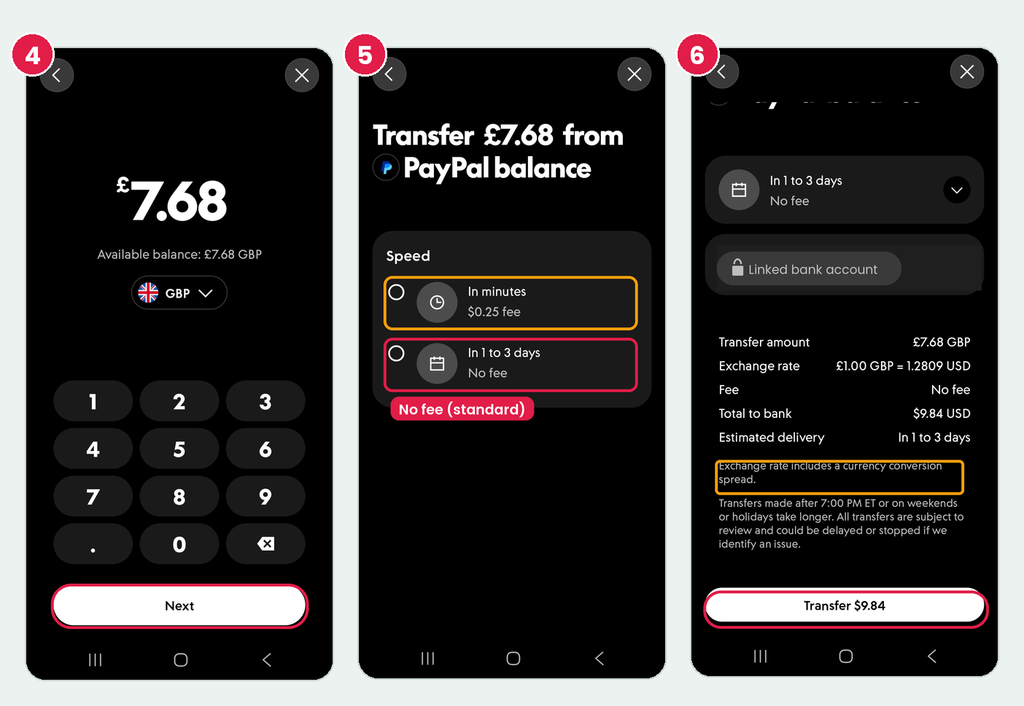 steps 4 to 6: amount, choose free standard speed, Transfer