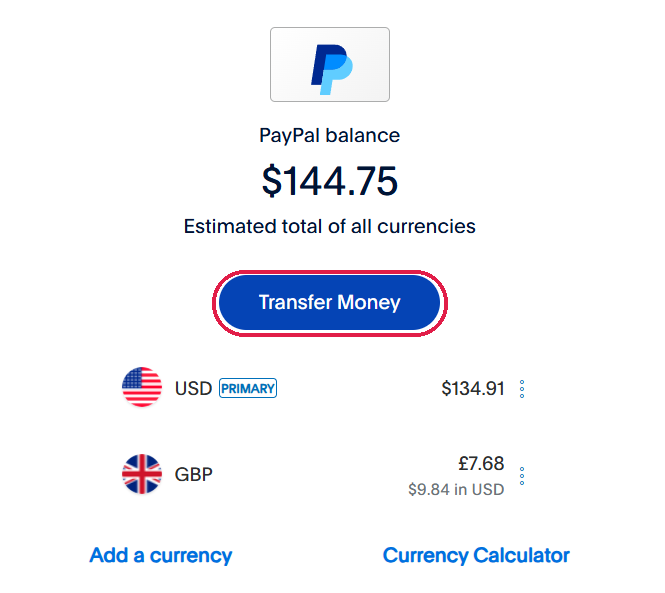 PayPal withdraw GBP to US bank on web, Step 1: Go to Wallet and click Transfer Money.
