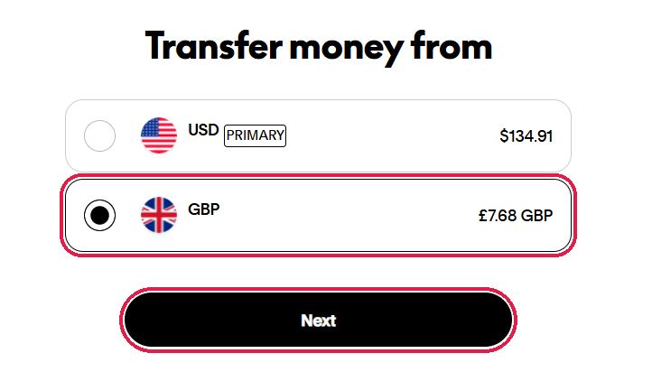 PayPal withdraw GBP to US bank on web, Step 3: Select your GBP balance and click Next.