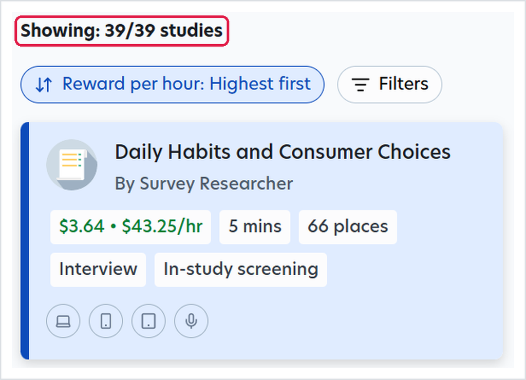 Prolific showing 39 studies available