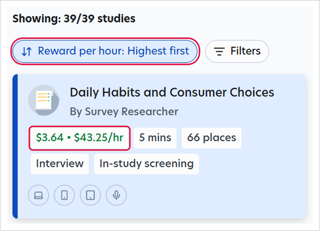 Prolific studies sorted by reward per hour, highest first