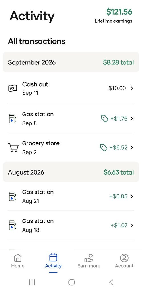 Upside app activity showing $121.56 lifetime cash back from gas and grocery purchases