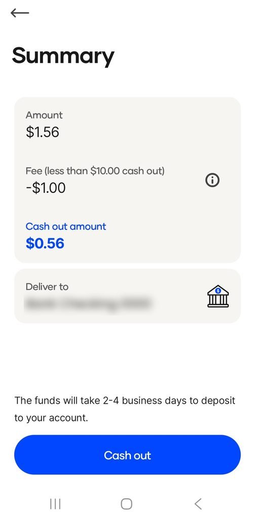 Upside cash out summary showing a $1.00 service fee on a $1.56 bank cash out under $10