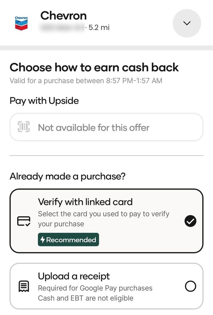 Upside claiming cash back at Chevron by verifying with a linked card