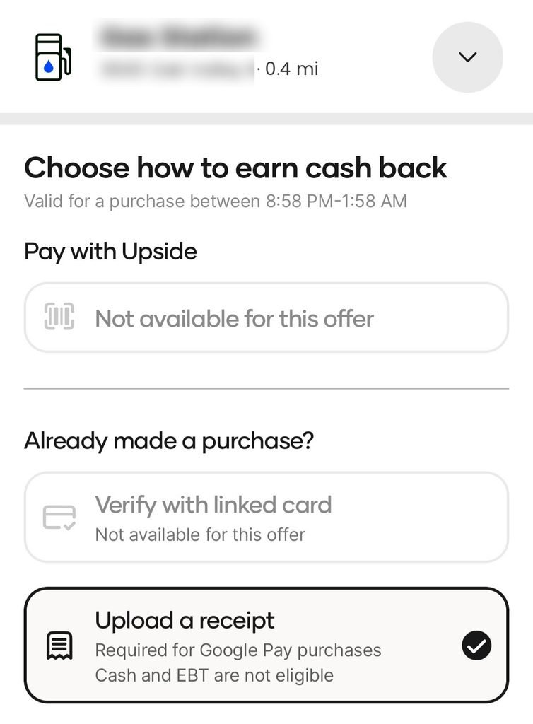 Upside claiming cash back at a local gas station by uploading a receipt