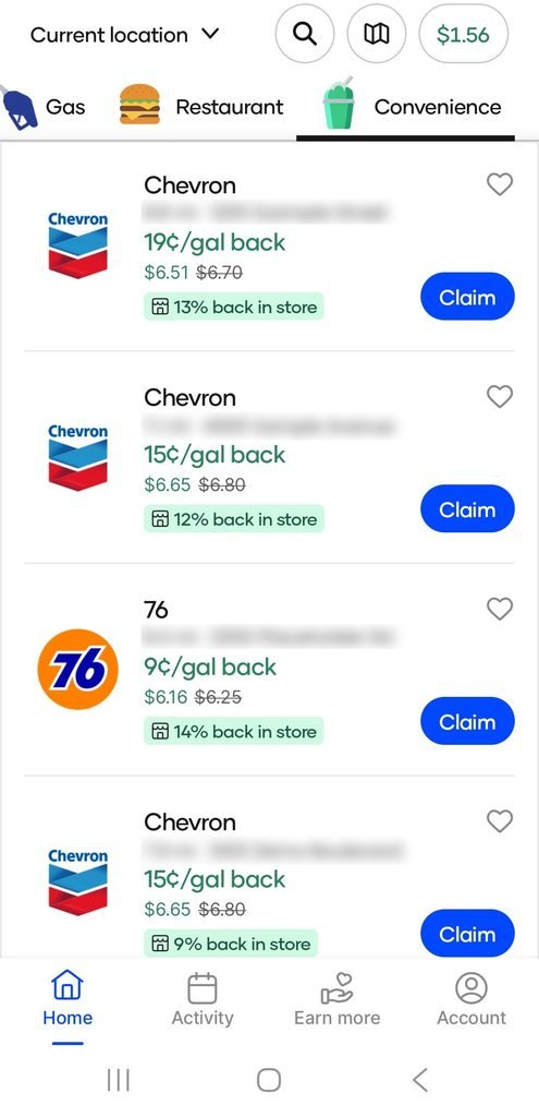 Upside convenience offers at Chevron and 76 showing cents per gallon back plus 9% to 14% back in store