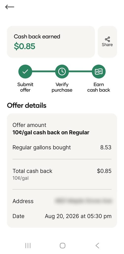 Upside gas offer showing 10 cents per gallon cash back, $0.85 earned on 8.53 gallons