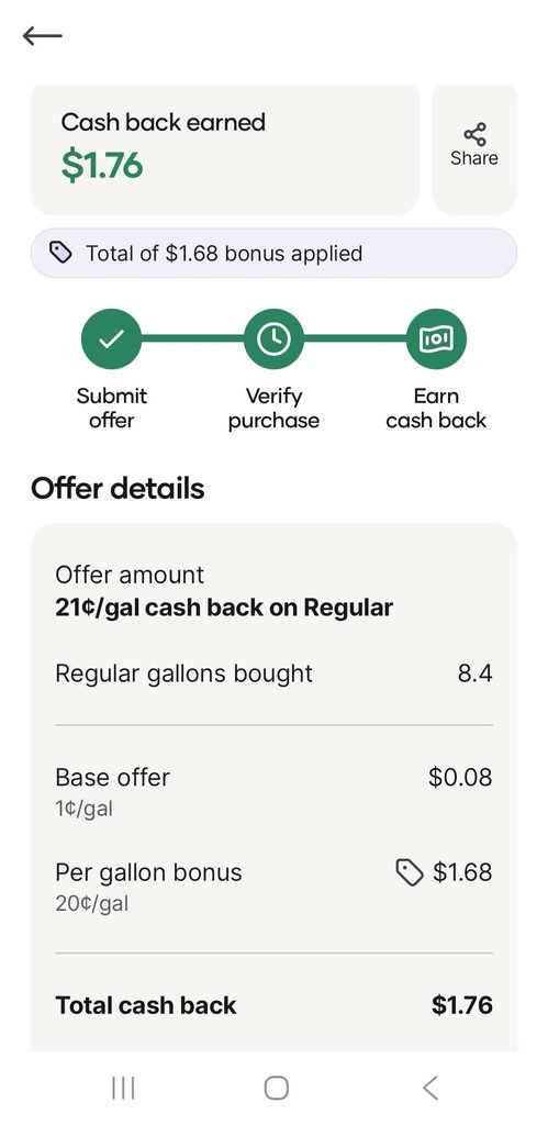 Upside gas offer with a 20 cent per gallon bonus, $1.76 cash back on 8.4 gallons