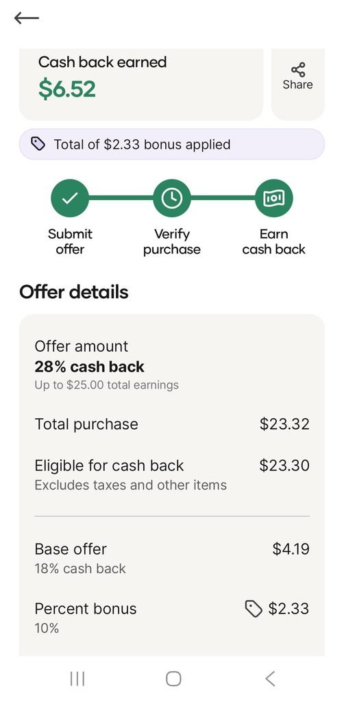 Upside grocery offer showing 28% cash back, $6.52 earned on a $23.32 purchase