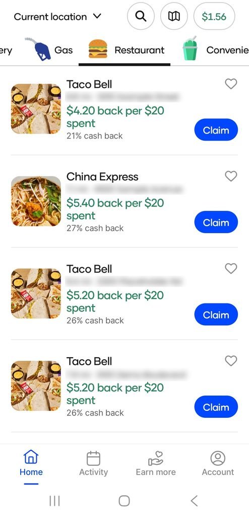 Upside restaurant offers showing 21% to 27% cash back at Taco Bell and China Express