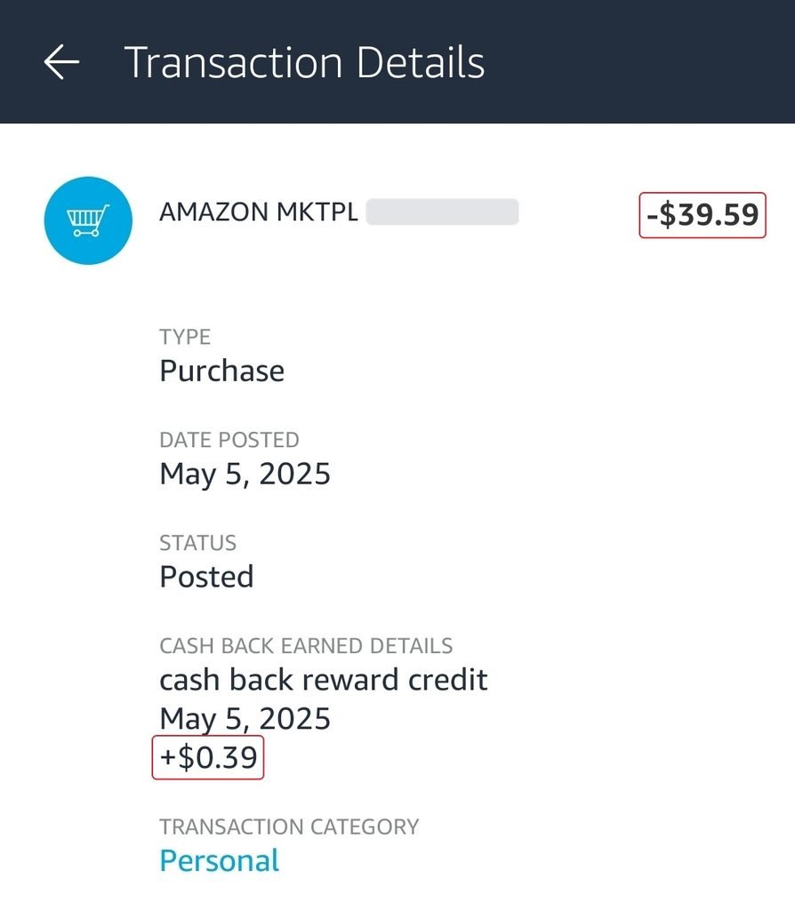 Amazon Marketplace purchase earning only 1% cash back, $0.39 on $39.59