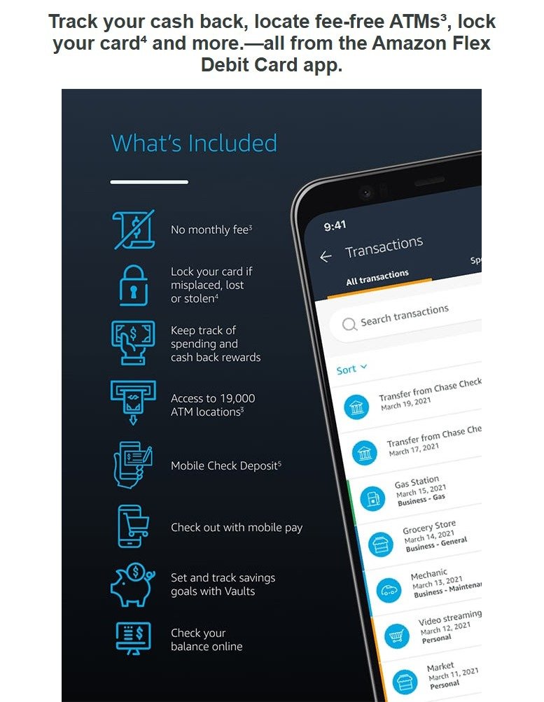 Amazon Flex Debit Card app features, no monthly fee and 19,000 ATMs