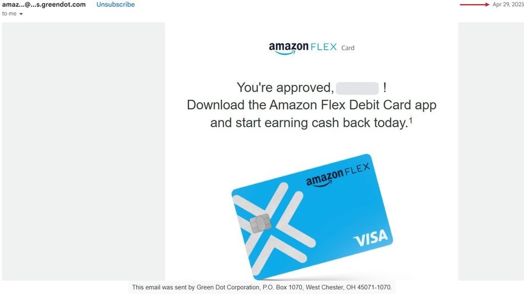Amazon Flex Debit Card approval email from Green Dot, April 29, 2025