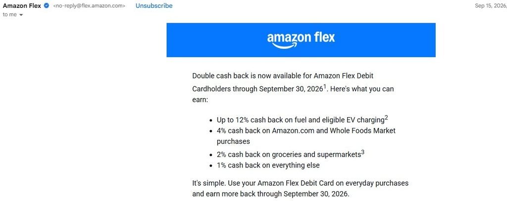 Amazon Flex Debit Card double cash back promo email, up to 12% on fuel