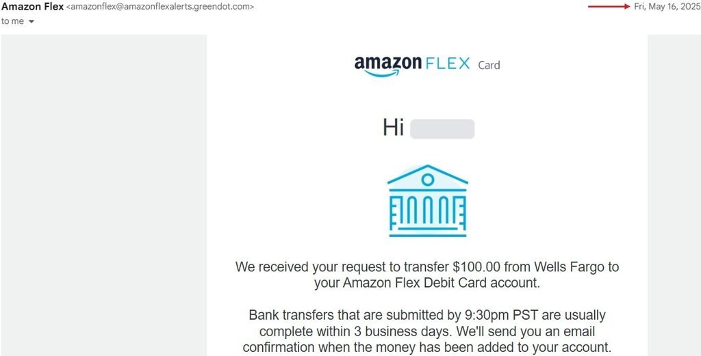 First $100 transfer from Wells Fargo to the Amazon Flex Debit Card
