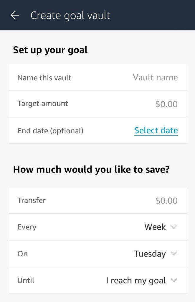 Amazon Flex Debit Card create Goal vault screen