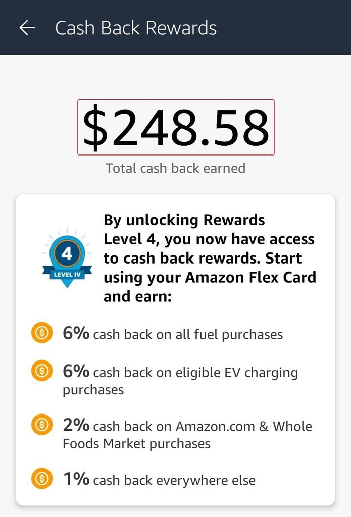 Amazon Flex Debit Card total cash back earned, $248.58
