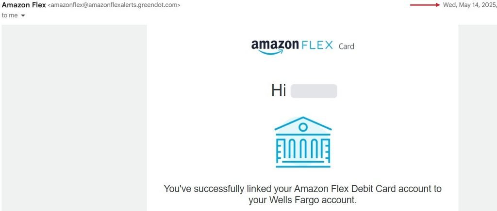 Amazon Flex Debit Card linked to Wells Fargo checking account