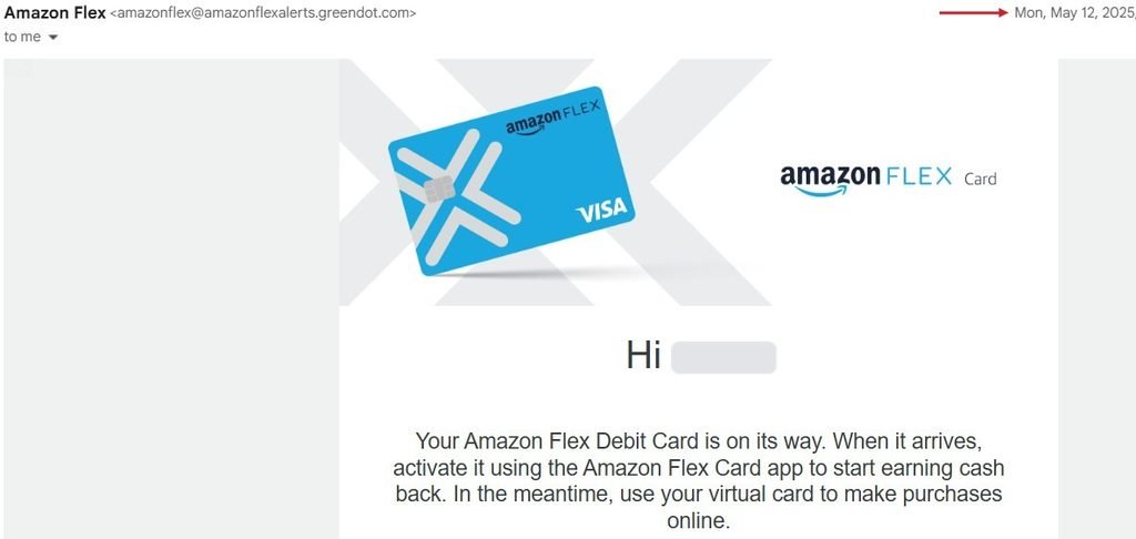 Amazon Flex Debit Card on its way email, May 12, 2025