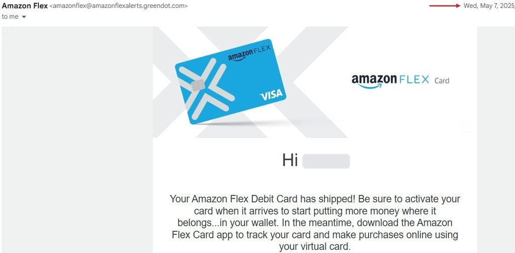 Amazon Flex Debit Card shipped email, May 7, 2025