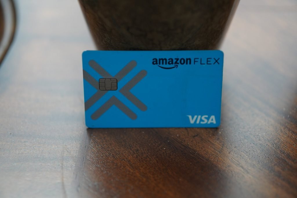 Amazon Flex Debit Card standing upright, front of the card