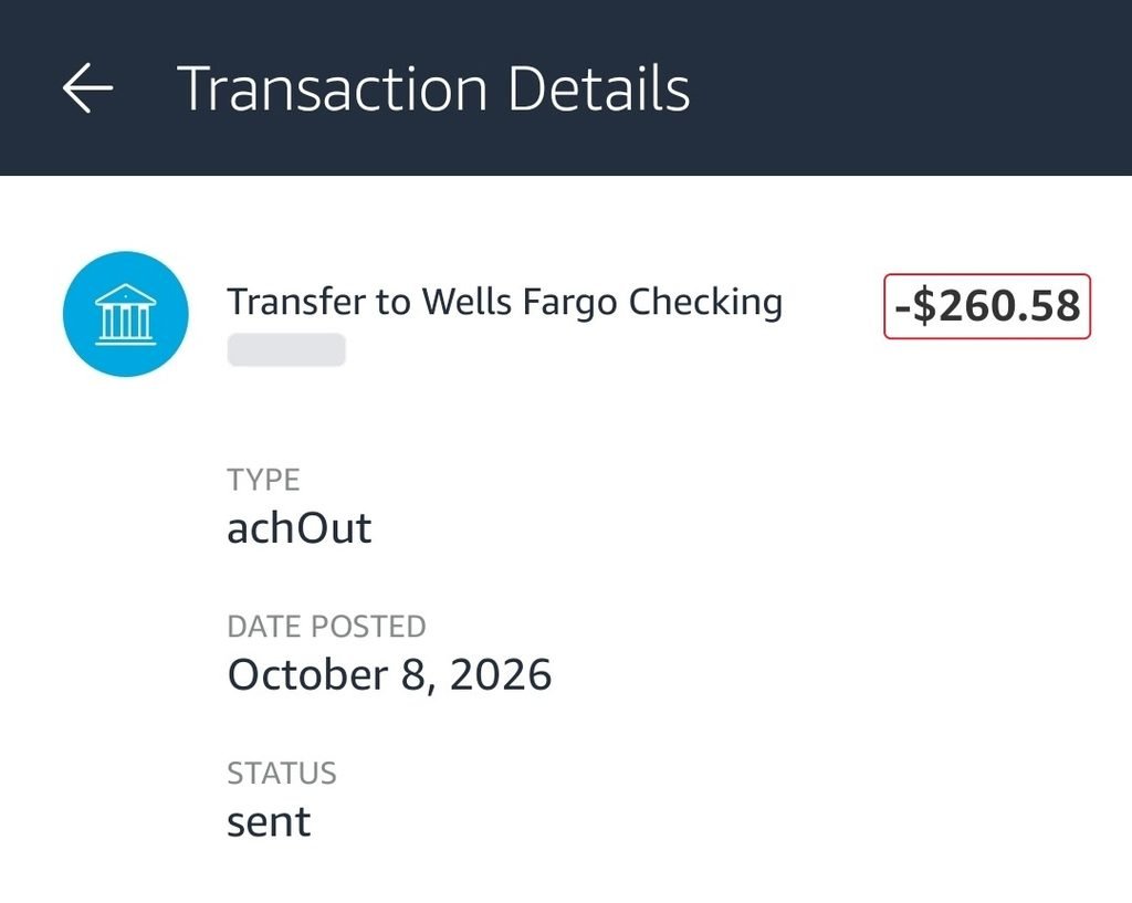 Transfer from the Amazon Flex Debit Card to Wells Fargo checking