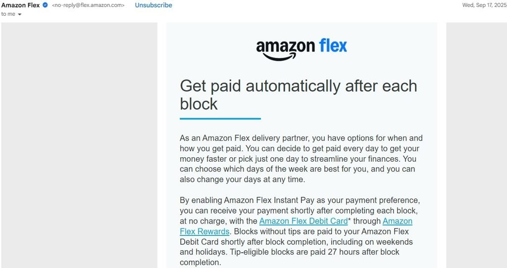 Amazon Flex Instant Pay email, paid to the Amazon Flex Debit Card after each block