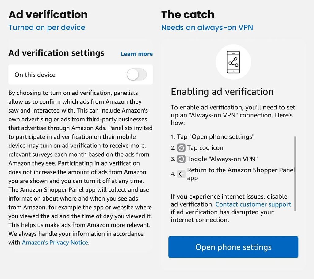Amazon Shopper Panel ad verification settings and always-on VPN setup