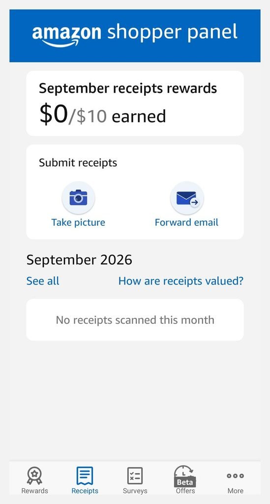 Amazon Shopper Panel receipts screen with take picture and forward email options