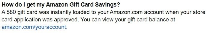 $80 Amazon gift card loaded instantly after Amazon Store Card approval