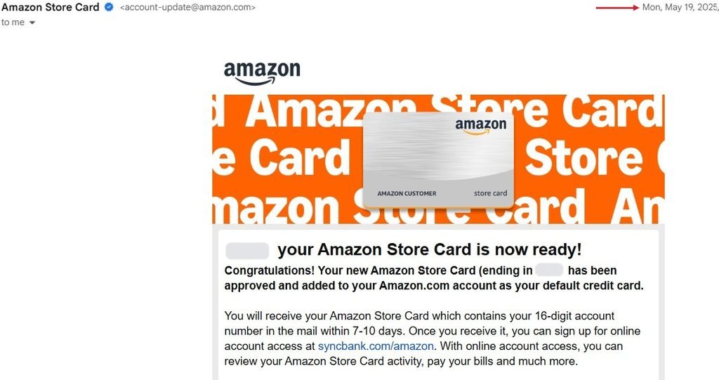 Amazon Store Card approval email, May 19, 2025