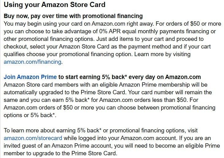 Amazon Store Card promotional financing and 5% back with Prime terms