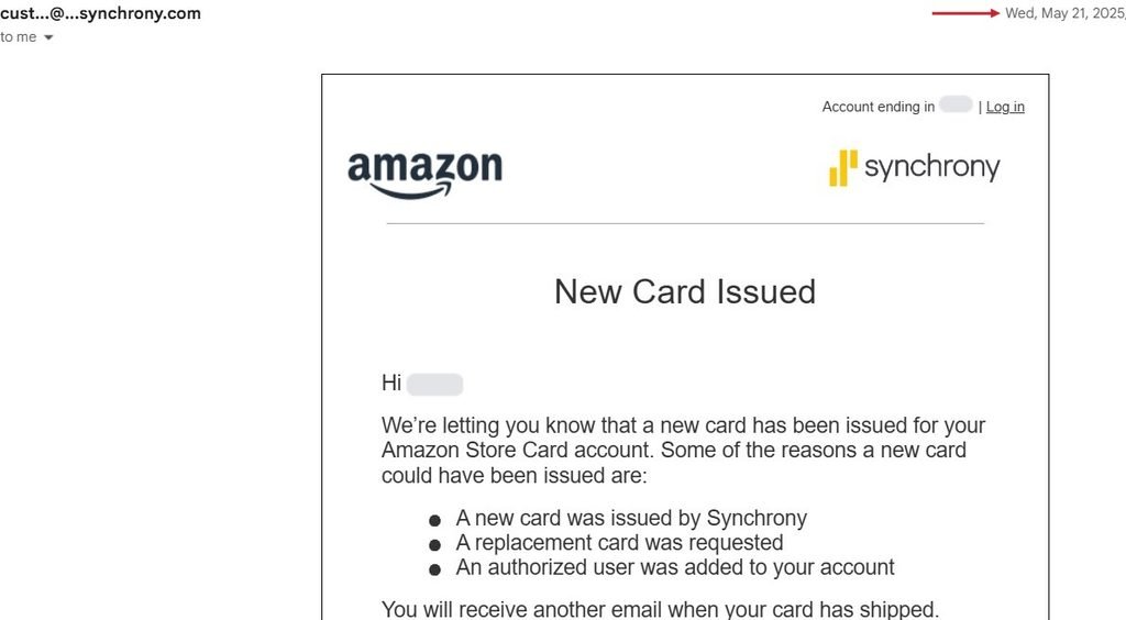 Amazon Store Card new card issued email from Synchrony, May 21, 2025
