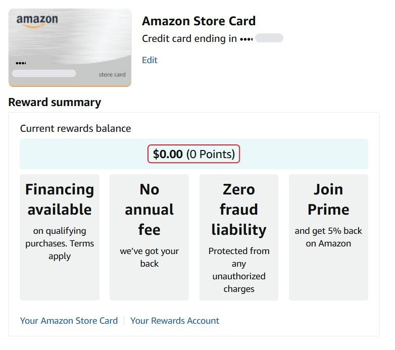Amazon Store Card rewards balance $0.00 without Prime