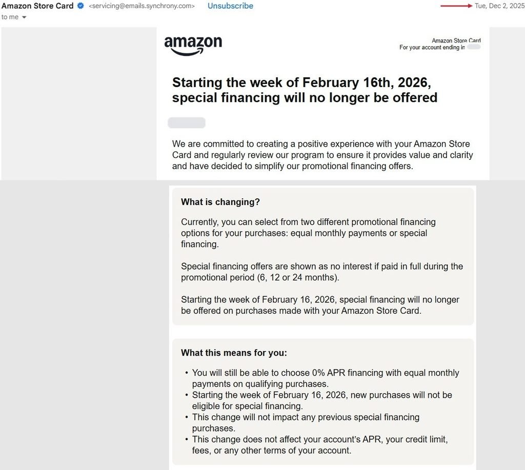 Amazon Store Card special financing ending February 16, 2026