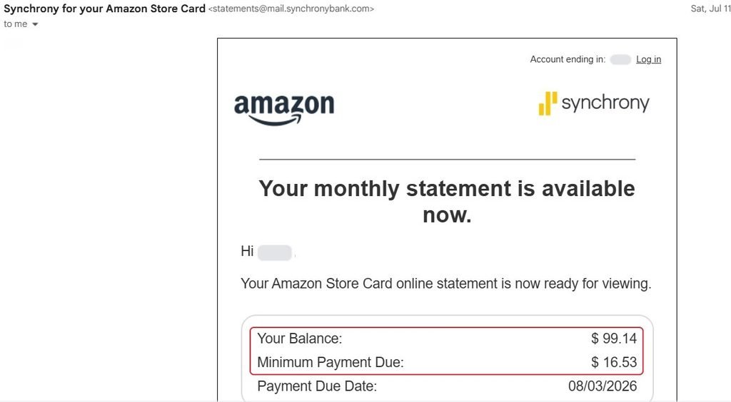 Amazon Store Card statement, $99.14 balance and $16.53 minimum payment