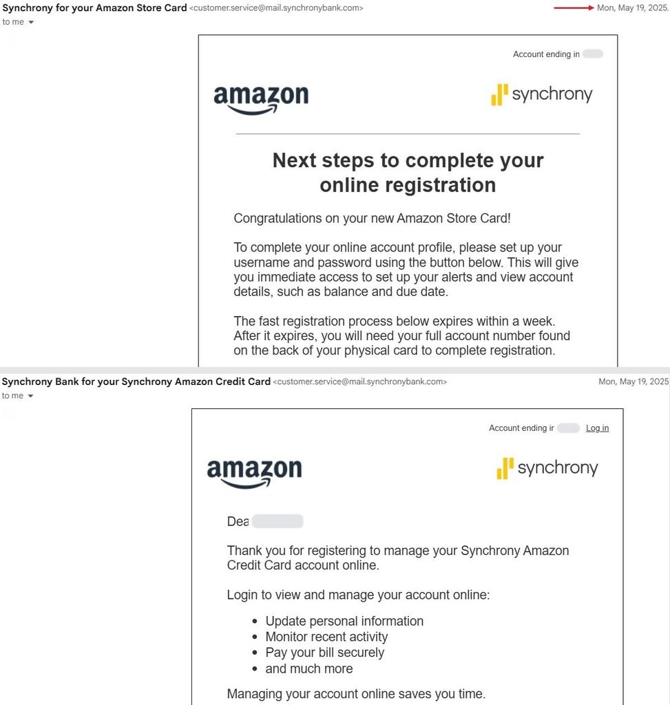 Synchrony online registration emails for the Amazon Store Card